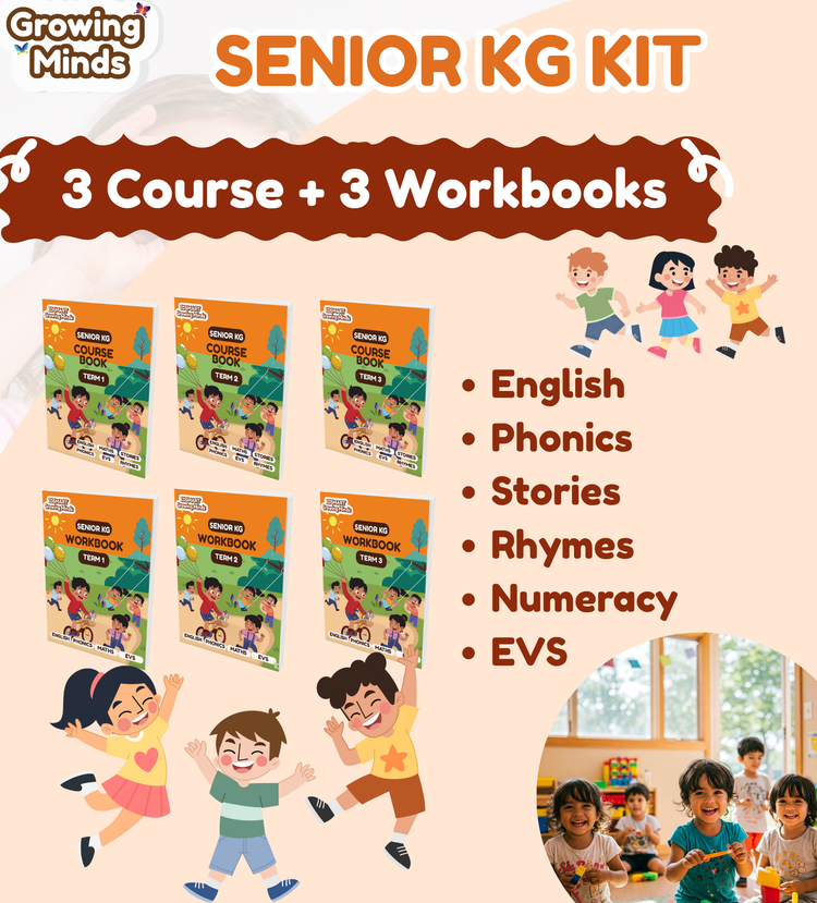 Edsmart Growing Minds - Senior KG /UKG Course and Workbook COMBO | Literacy & Phonics, Numeracy, EVS, Age 5+ Years, CBSE Curriculum | 6 Books and with FREE STORY TELLER SET