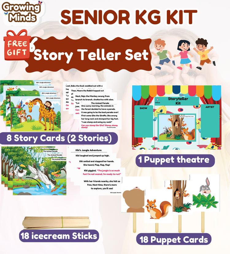 Edsmart Growing Minds - Senior KG /UKG Course and Workbook COMBO | Literacy & Phonics, Numeracy, EVS, Age 5+ Years, CBSE Curriculum | 6 Books and with FREE STORY TELLER SET