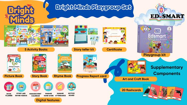 Edsmart Bright Minds Playgroup Kit - 5 Activity Books, 1 Picture books, 1 Story Book, 1 Rhyme book,  StoryTeller set, Art & Craft Book and 20 BIG flashcards - for 2+ years old Kids
