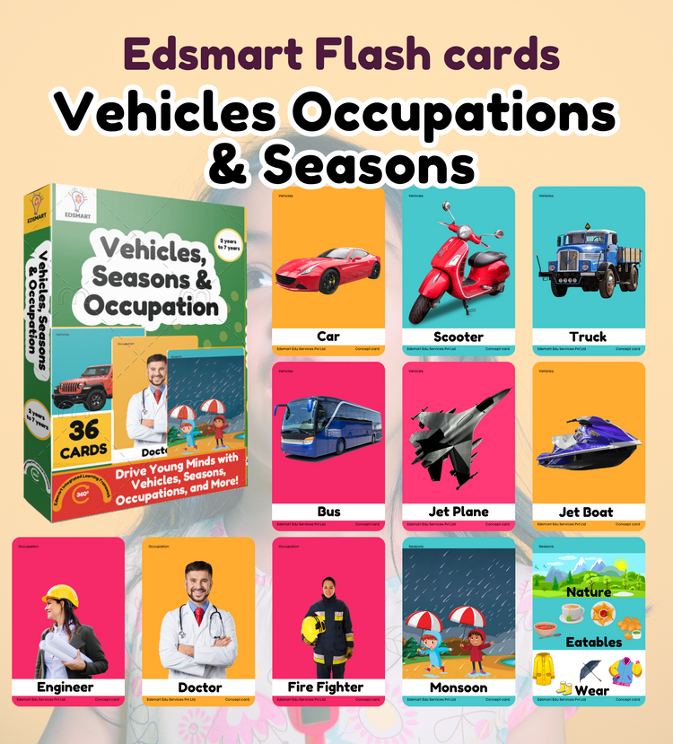 Edsmart BIG & Thick Flash Cards for Toddlers & Preschool  - Vehicles, Occupations & Seasons Learning for Kids |Montessori Toys & Games