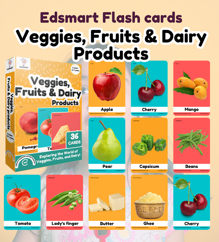 Edsmart BIG & Thick Flash Cards for Toddlers & Preschool  - Veggies, Fruits and Dairy Products Learning for Kids |Montessori Toys & Games