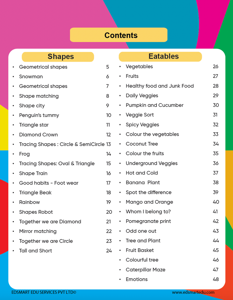 Edsmart Nursery Activity Book 1 for Kids 3 to 5 years old | Activities on Shapes & Eatables like colouring, tracing, using natural materials