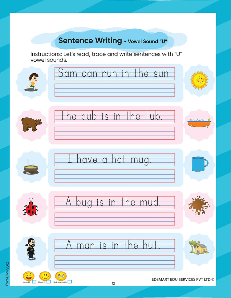 2 Combo Book set for Phonics book and Edsmart Word / Sentence Writing book - Vowel Letter sounds, phonics activity book, sentence reading, three letter word / Sentence Writing Practice