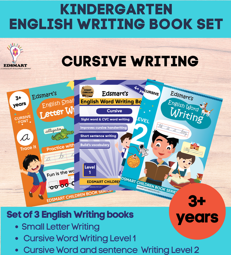 Edsmart English Cursive Writing Book all in one 3 book set ( Cursive small letter,Word and sentence writing books) , copy writing book includes tracing letters, two and three letter word Writing