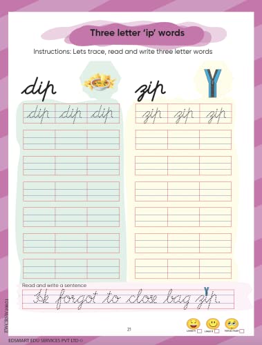 Edsmart English Cursive Writing Book all in one 3 book set ( Cursive small letter,Word and sentence writing books) , copy writing book includes tracing letters, two and three letter word Writing