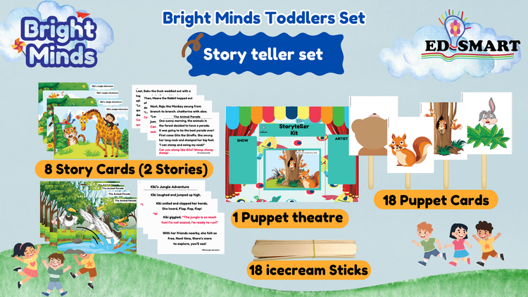 Edsmart Bright Minds Toddler Kit - Worksheets, 2 Picture books, StoryTeller set, EVA ABC123 and Flashcards - perfect for kids starting preschool