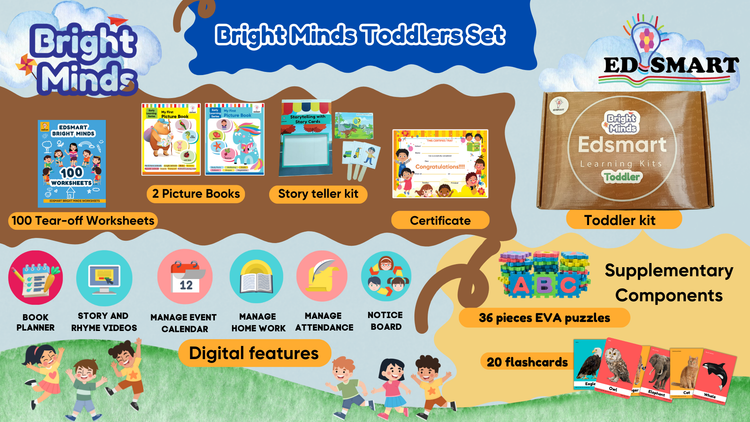 Edsmart Bright Minds Toddler Kit - Worksheets, 2 Picture books, StoryTeller set, EVA ABC123 and Flashcards - perfect for kids starting preschool