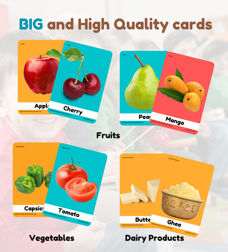 Edsmart BIG & Thick Flash Cards for Toddlers & Preschool  - Veggies, Fruits and Dairy Products Learning for Kids |Montessori Toys & Games