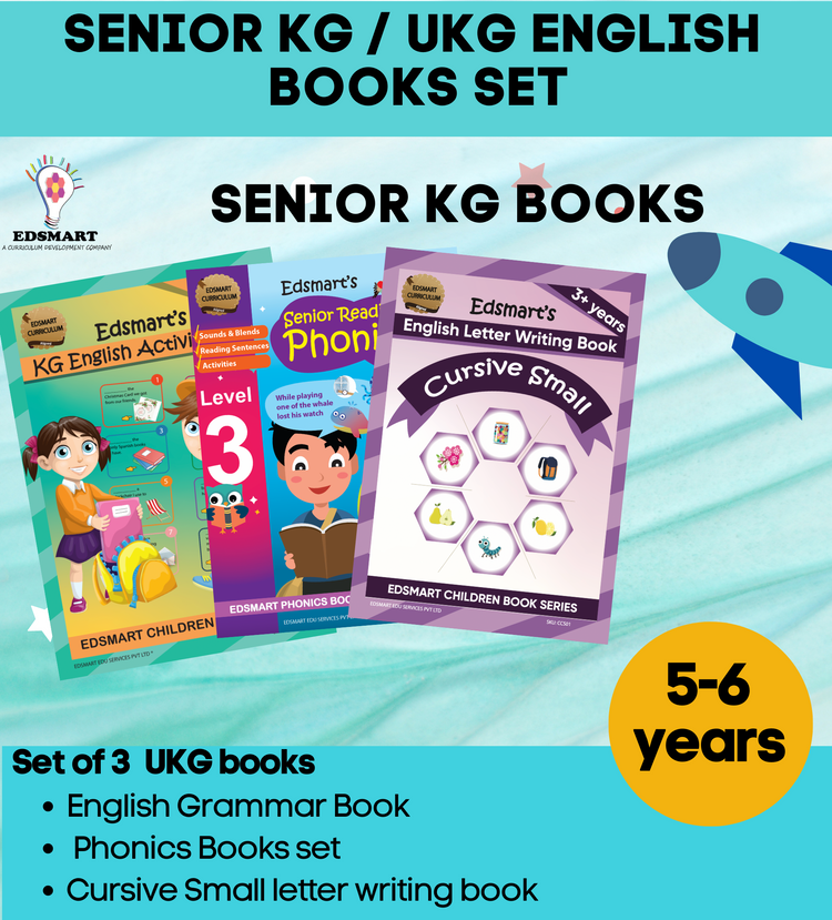 Senior KG English Book set ( UKG Activity Book, English Phonics Level 3, Cursive Small Letter Writing) | Teaches English reading with Phonics, English Language & Cursive Handwriting