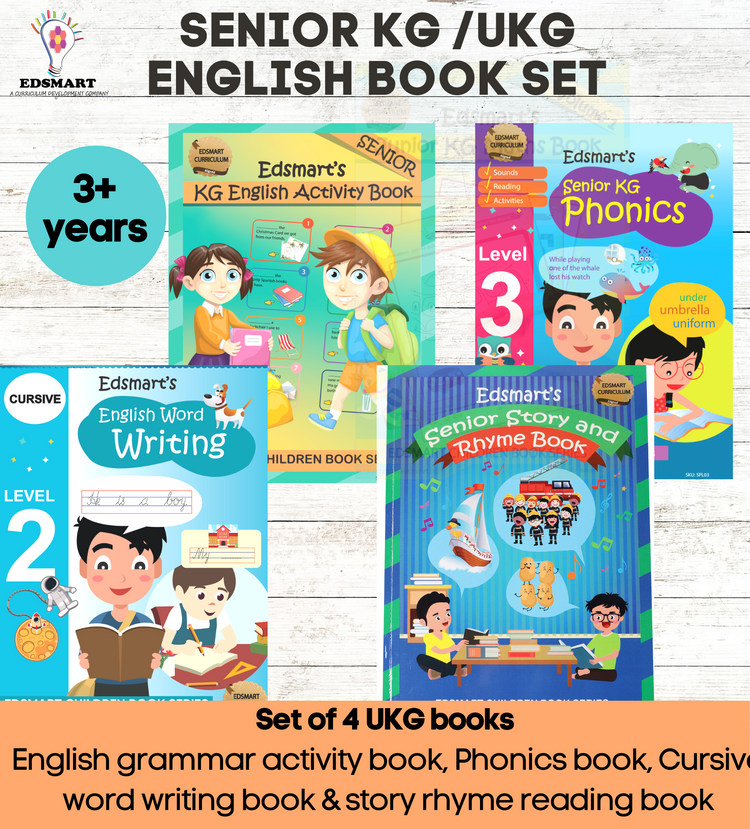 Senior KG English Book set ( 4 books) | Includes Senior KG English Activity Book, Kids Phonics Book Level 3, Cursive Word Writing, Kids Story Book