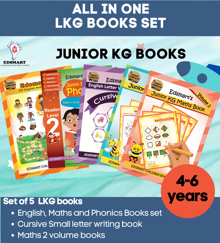 Junior KG Book set for 4 years old (5 books)- LKG CBSE Books ( English Book, Kids Phonics Book, Small Letter Writing + 2 Kindergarten Math book