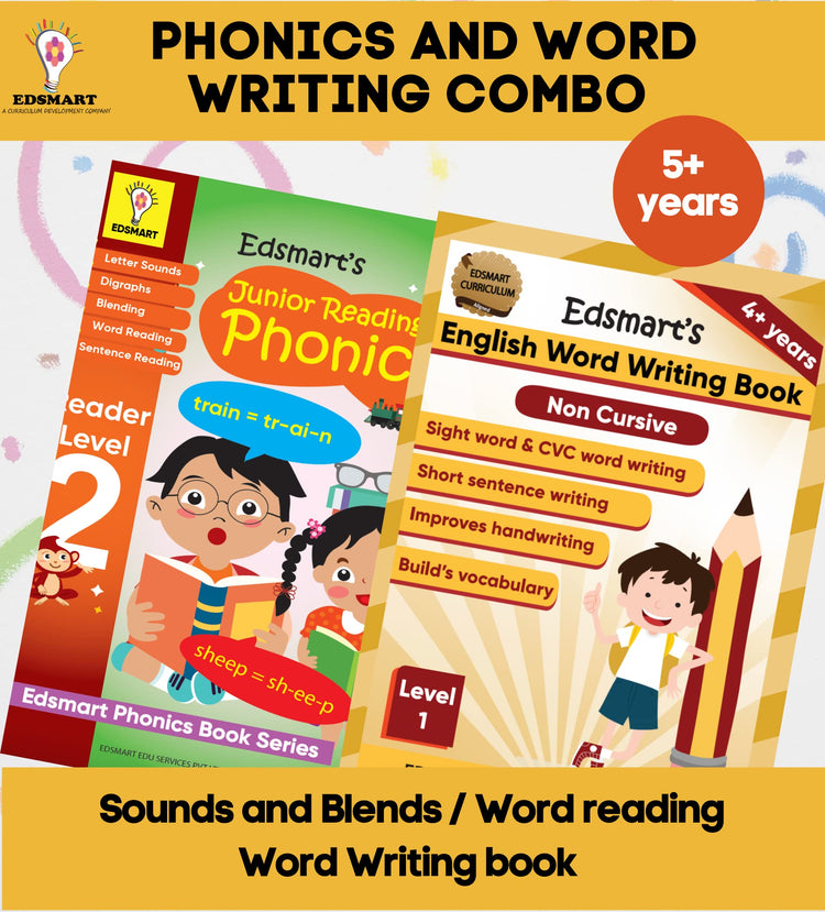 English Reading and Writing Combo for 4 years old - Word Writing Book Level 1 and English Phonics Level 2 - Teaches- reading sounds, blends, words & writing sight words, CVC words and more