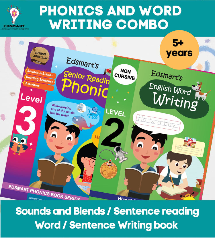 2 Combo Book set for Phonics book and Edsmart Word / Sentence Writing book - Vowel Letter sounds, phonics activity book, sentence reading, three letter word / Sentence Writing Practice